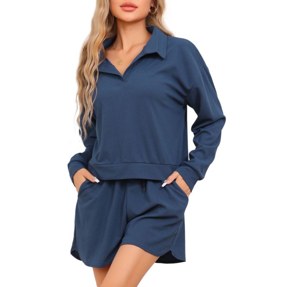 Waffle Knit Top and Shorts Long Sleeve Pajama Set with Pockets Blue